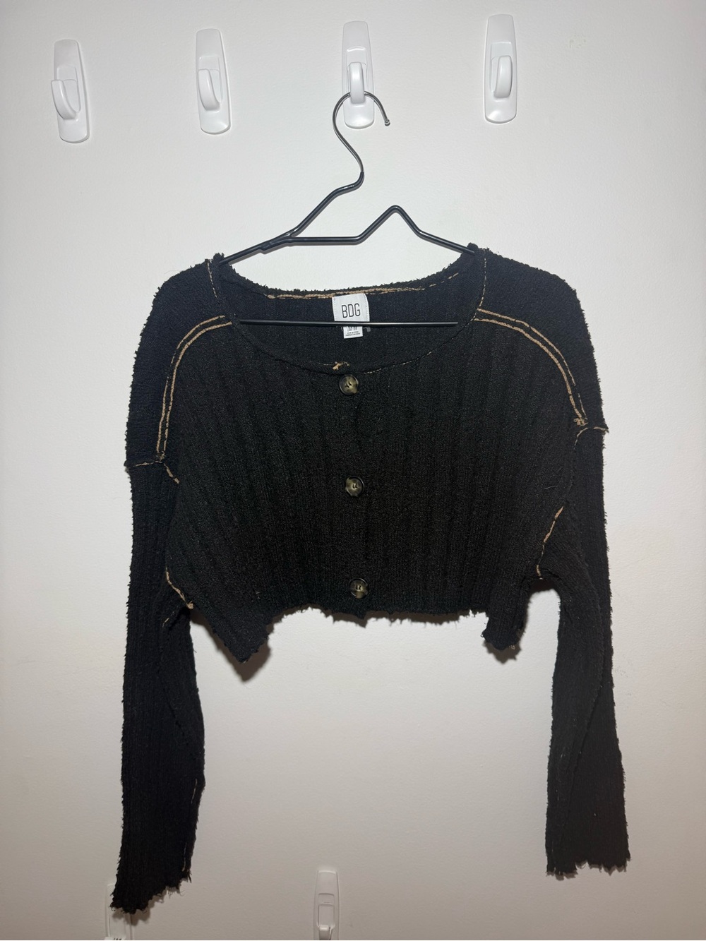 BDG Black Cropped Button-Up Knit Cardigan with Contrast Stitch